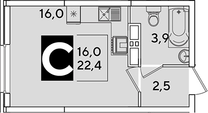 Студия, 22.4 м², 13/16 этаж, ЖК «Самолет»