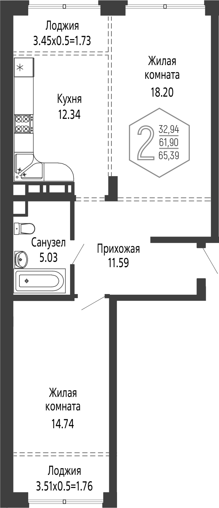 2-комн., 61.9 м², 13/24 этаж, ЖК «Гарантия PRIME»