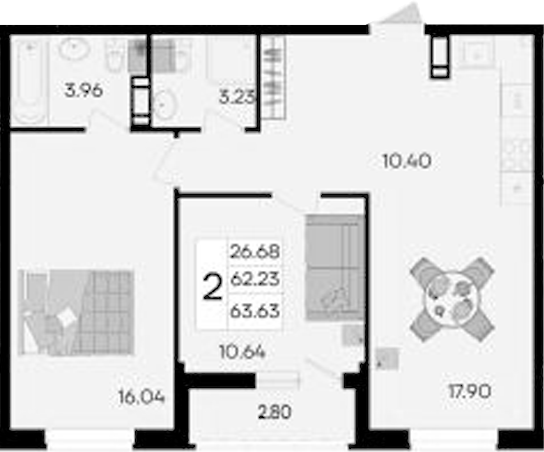 2-комн., 62.23 м², 7/9 этаж, ЖК «Дом 101»