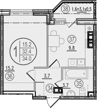 1-комн., 32.4 м², 2/9 этаж, ЖК «Спортивная деревня»