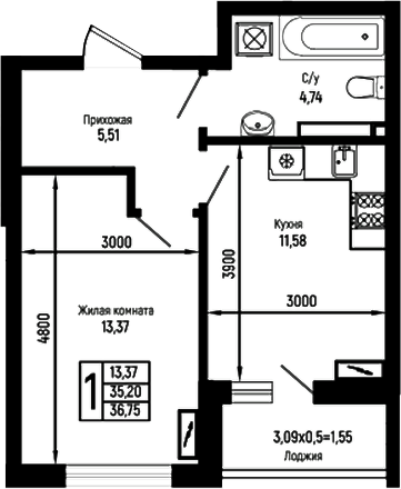 1-комн., 35.2 м², 8/18 этаж, ЖК «Ботаника Хиллс»