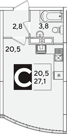 Студия, 27.1 м², 16/16 этаж, ЖК «Самолет»