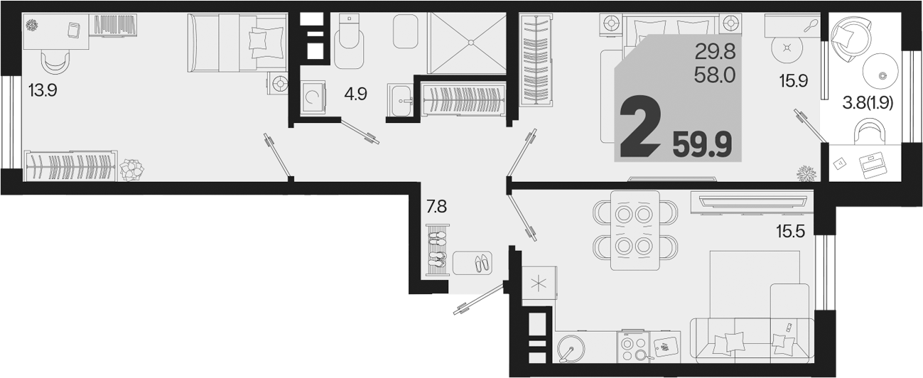 2-комн., 58 м², 6/9 этаж, ЖК «Первое место»