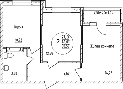 2-комн., 49.07 м², 13/16 этаж, ЖК «Друг»