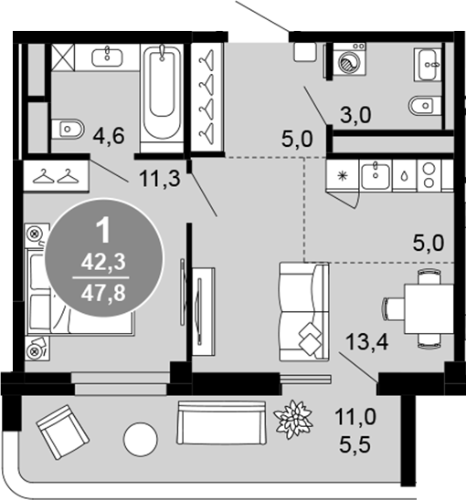 2-комн., 42.3 м², 4/6 этаж, ЖК «Клубный дом премиум класса Моретта»