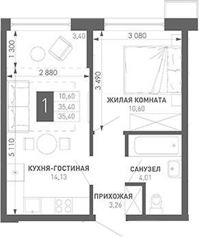 1-комн., 33.74 м², 14/18 этаж, ЖК «Иначе в Молодежном»