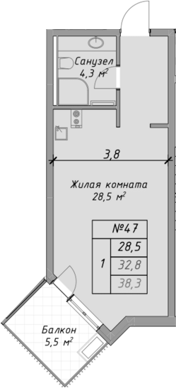Студия, 32.8 м², 3/4 этаж, ЖК «Оазис Азова»