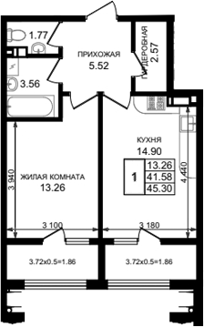 1-комн., 41.58 м², 8/8 этаж, ЖК «Резиденция морей»