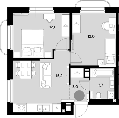 2-комн., 46 м², 12/18 этаж, ЖК «Грейд»