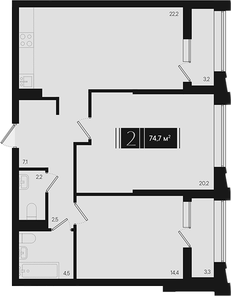 2-комн., 73.05 м², 7/9 этаж, ЖК «Эрмитаж»