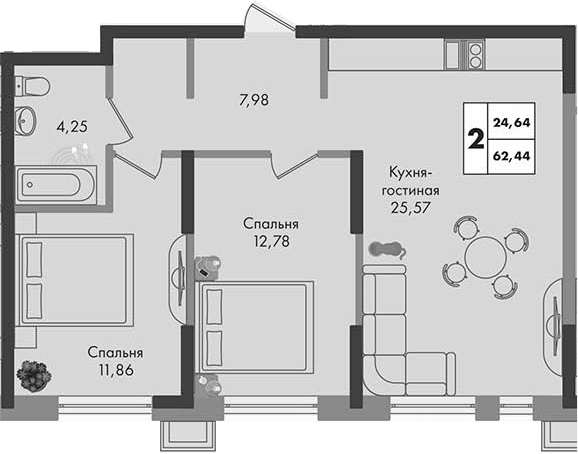 2-комн., 62.44 м², 2/9 этаж, ЖК «Зеленая территория»