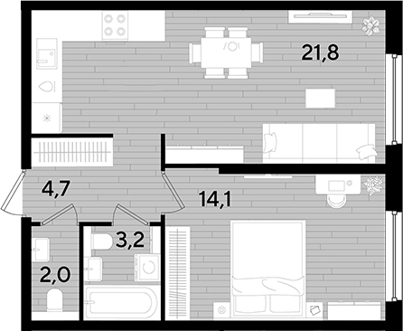 1-комн., 45.8 м², 2/16 этаж, ЖК «DОГМА ПАРК»