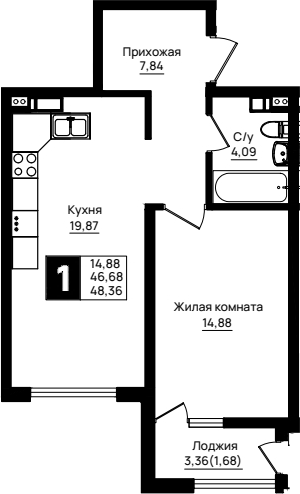 1-комн., 46.68 м², 8/9 этаж, ЖК «Резиденция морей»