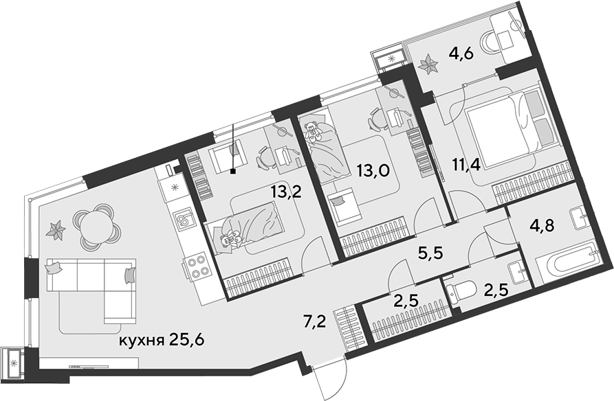 4+ комнаты, 85.7 м², 2/18 этаж, ЖК «Парк Победы»