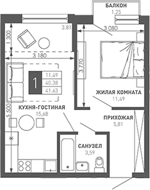 Продается 1-комн. квартира, 41.7 м²