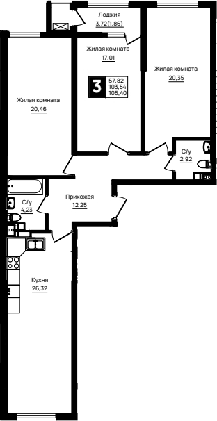 3-комн., 103.54 м², 4/18 этаж, ЖК «Резиденция морей»