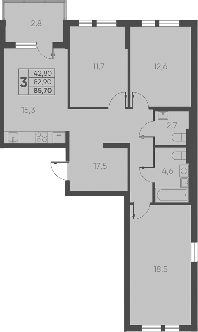 3-комн., 82.9 м², 4/15 этаж, ЖК «Барса»