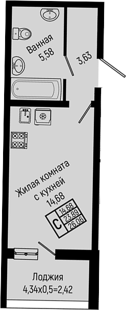 Студия, 23.64 м², 2/14 этаж, ЖК «Sun Hills Ольгинка»