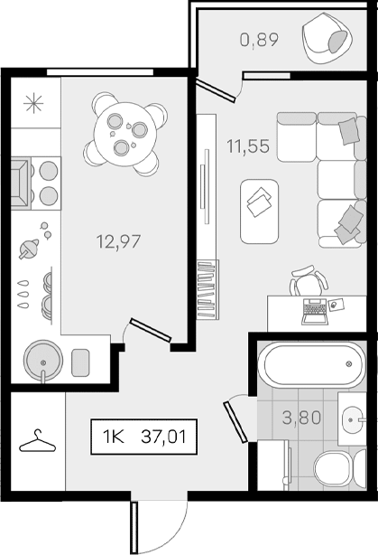1-комн., 36.12 м², 5/8 этаж, ЖК «История 3»