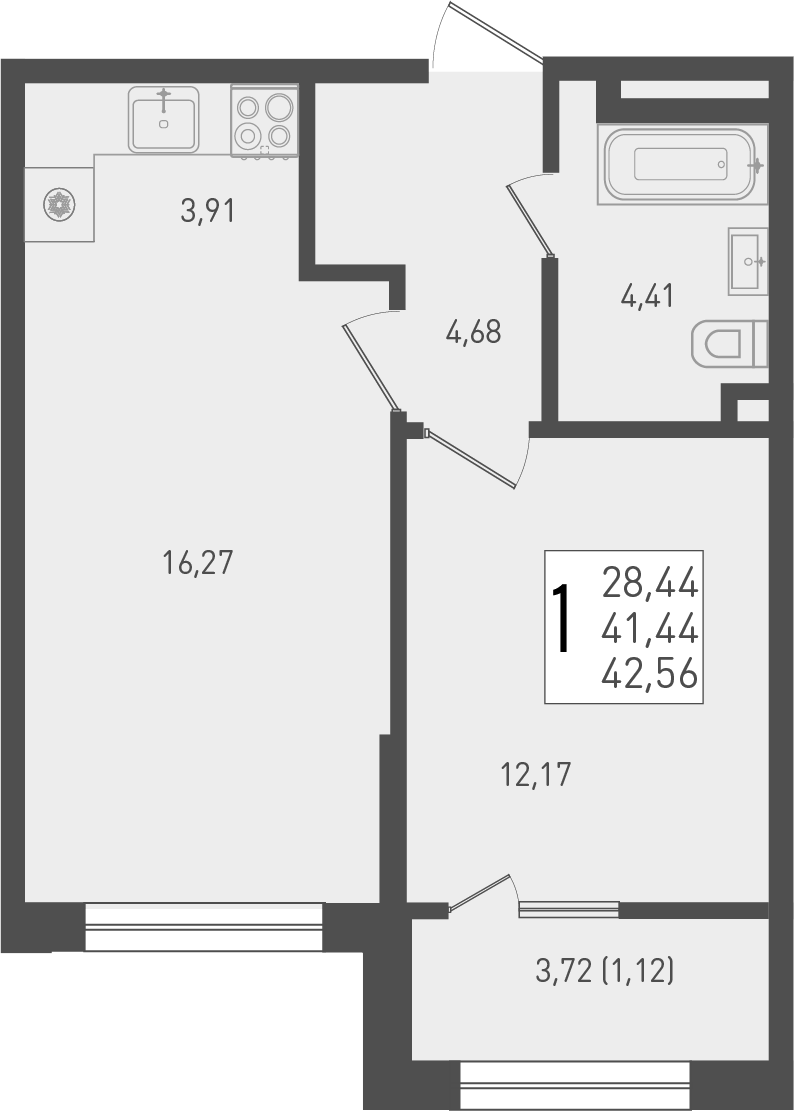 2-комн., 41.44 м², 1/9 этаж, ЖК «Югге»