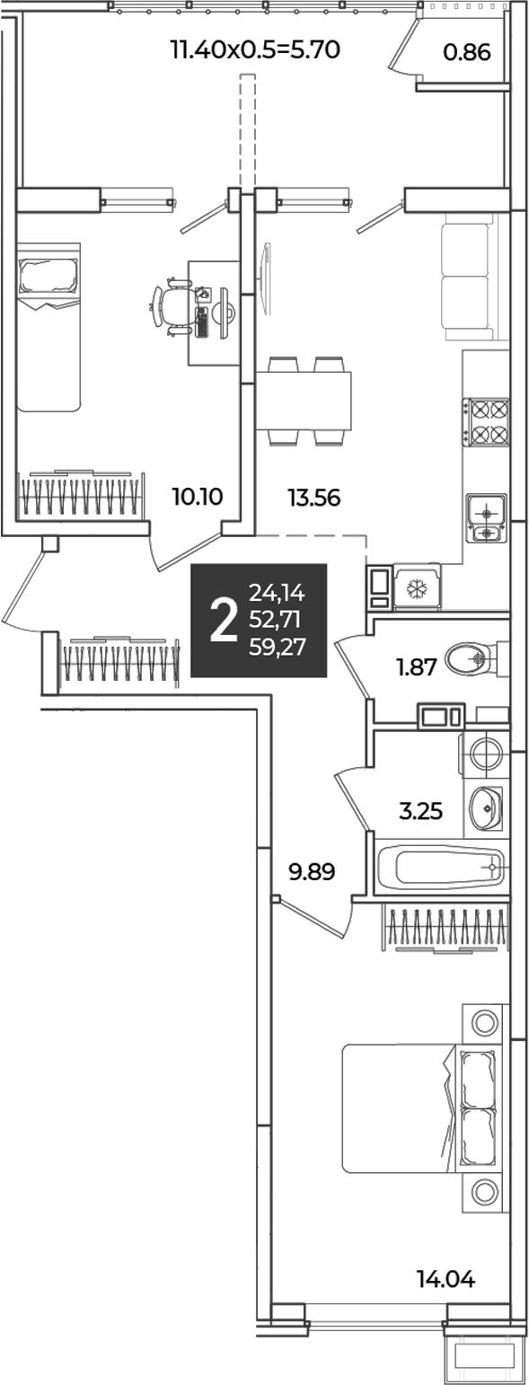 2-комн., 52.71 м², 16/18 этаж, ЖК «Образцово»
