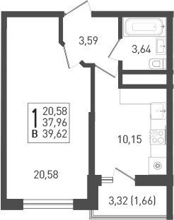 1-комн., 38.9 м², 21/22 этаж, ЖК «ЖК «Кубанская Крепость»»