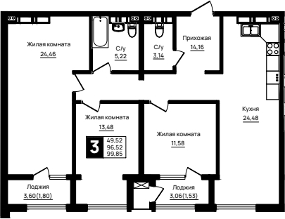 3-комн., 96.52 м², 18/18 этаж, ЖК «Резиденция морей»