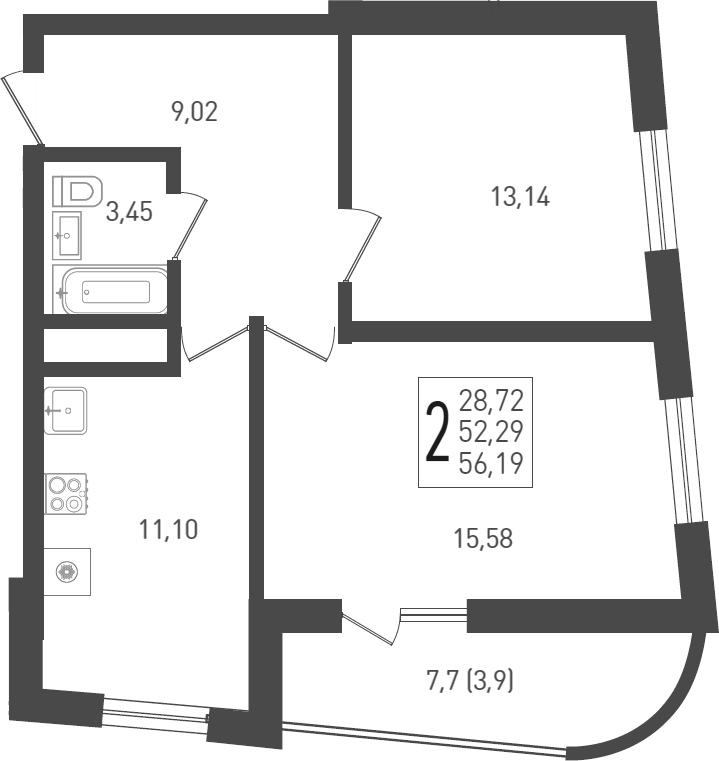 2-комн., 53.4 м², 22/24 этаж, ЖК «ЖК «Кубанская Крепость»»