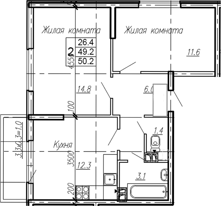 2-комн., 49.2 м², 4/4 этаж, ЖК «Эво»