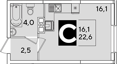 Студия, 22.6 м², 4/16 этаж, ЖК «Самолет»