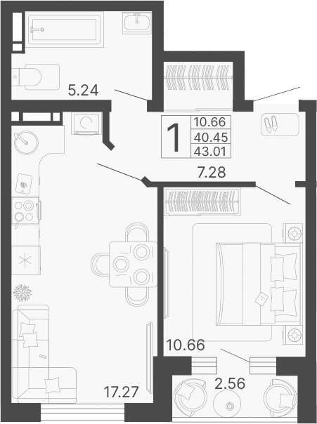 1-комн., 40.45 м², 14/20 этаж, ЖК «Светский лес»