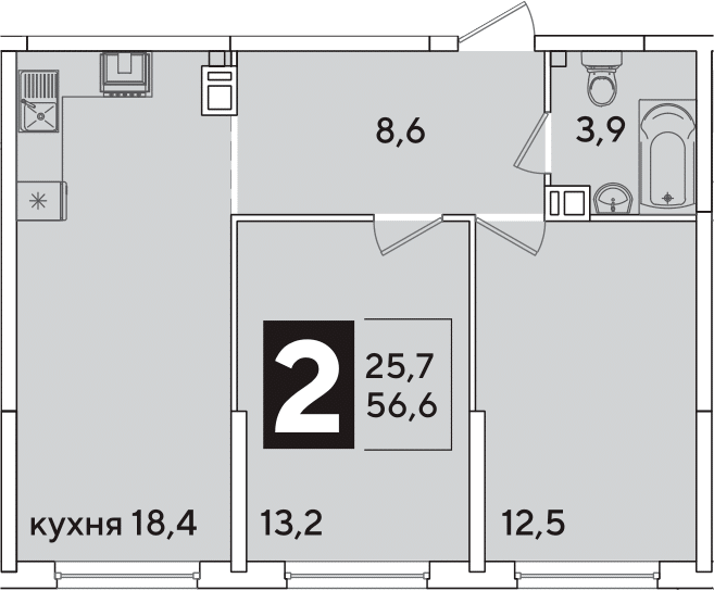 3-комн., 56.6 м², 9/16 этаж, ЖК «Самолет»