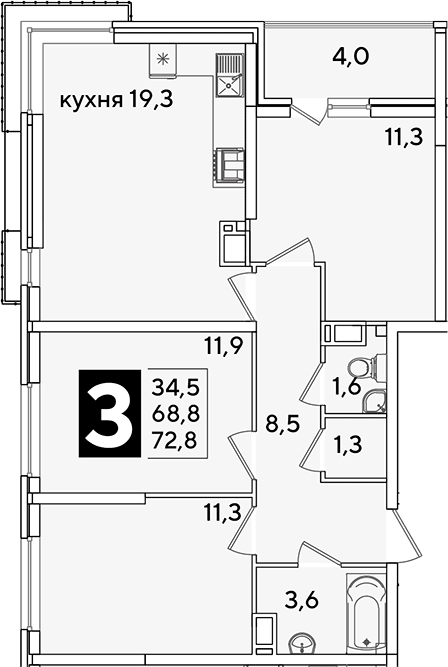 4+ комнаты, 68.8 м², 10/16 этаж, ЖК «Самолет»