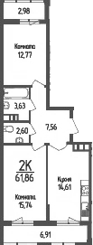 Продается 2-комн. квартира, 56.91 м²