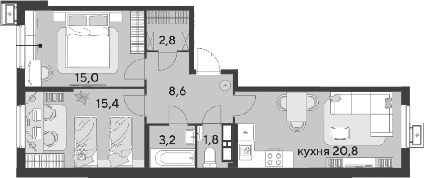 3-комн., 67.6 м², 10/18 этаж, ЖК «Парк Победы»