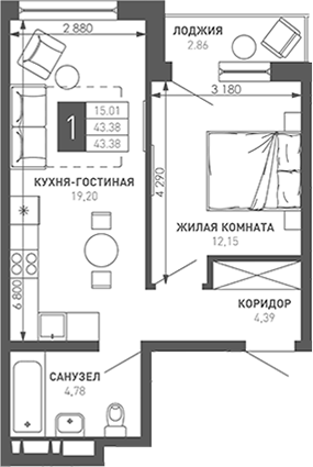 1-комн., 41.7 м², 3/9 этаж, ЖК «Иначе в Молодежном»