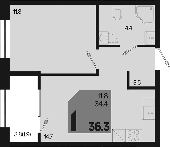 1-комн., 34.4 м², 2/9 этаж, ЖК «Первое место»