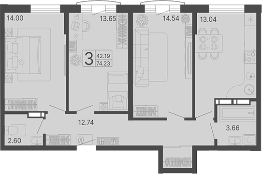 3-комн., 74.23 м², 3/17 этаж, ЖК «Светский лес»