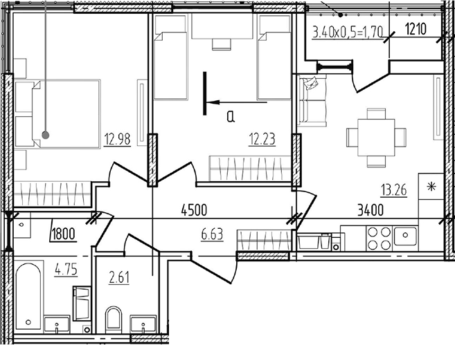 3-комн., 52.46 м², 3/9 этаж, ЖК «Моренуар»