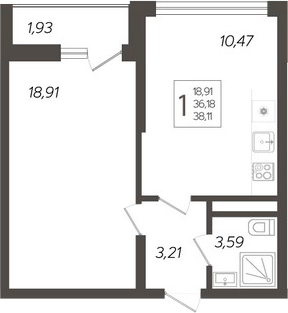 1-комн., 36.18 м², 2/19 этаж, ЖК «Кислород»