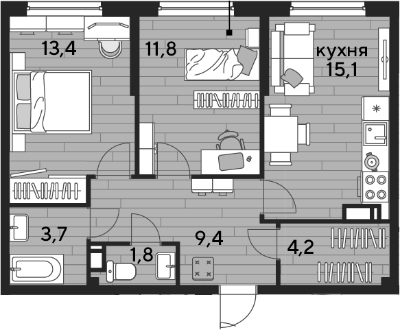 2-комн., 59.4 м², 11/19 этаж, ЖК «DОГМА ПАРК»