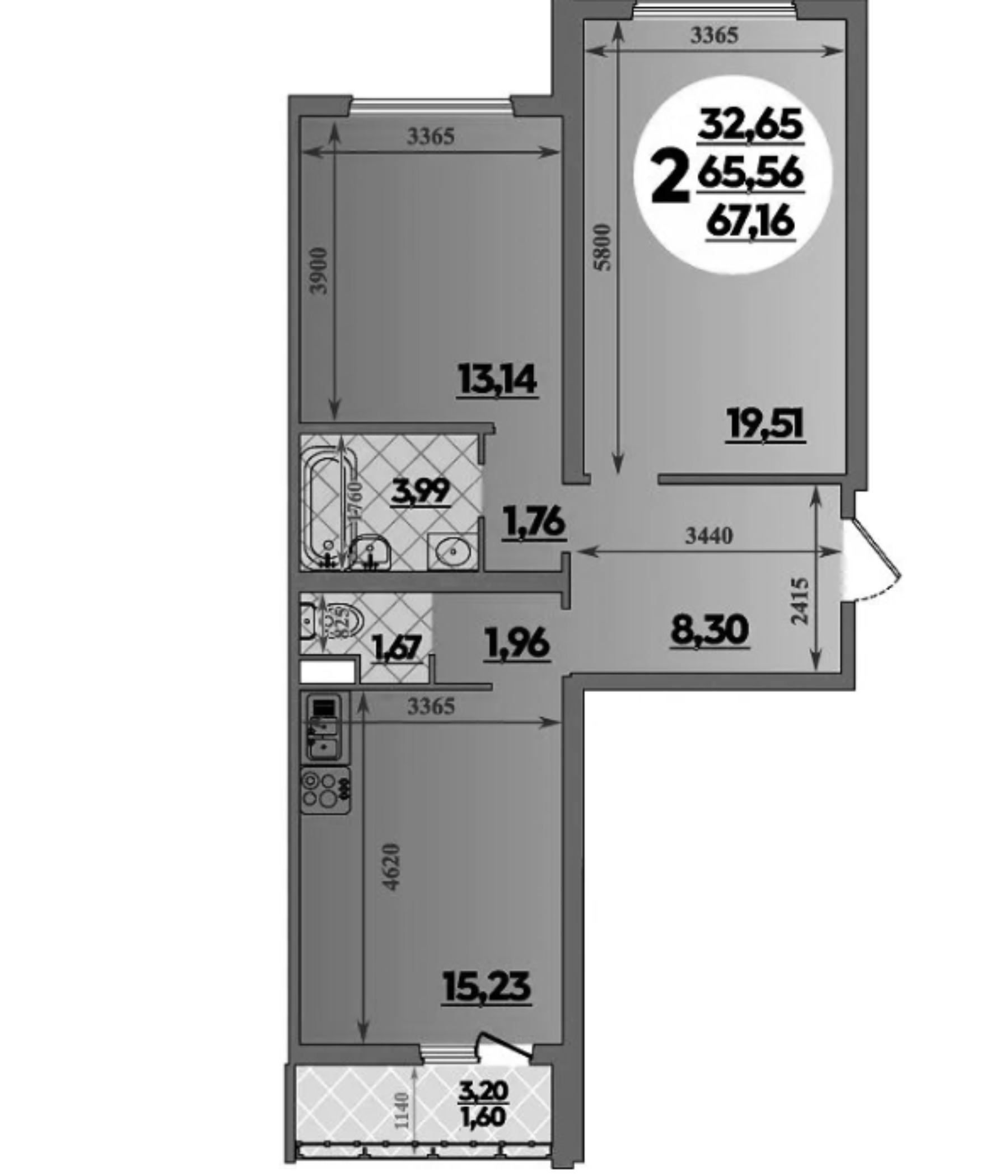 2-комн., 65.56 м², 2/16 этаж, ЖК «Город у моря»
