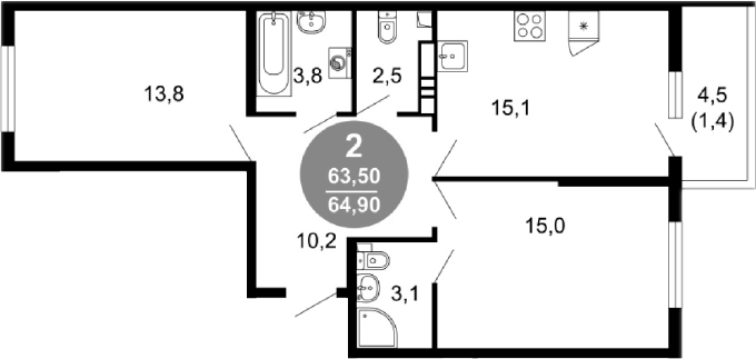 2-комн., 63.5 м², 10/17 этаж, ЖК «Лестория»