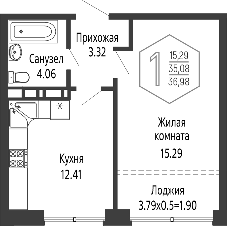 1-комн., 35.08 м², 15/16 этаж, ЖК «Гарантия PRIME»