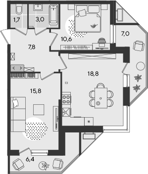 3-комн., 57.7 м², 2/24 этаж, ЖК «Рекорд»