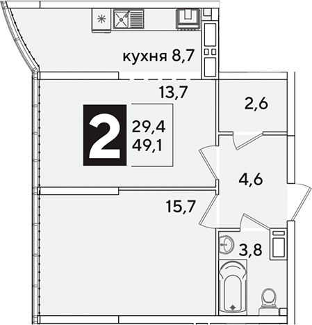 2-комн., 49.1 м², 16/16 этаж, ЖК «Самолет»