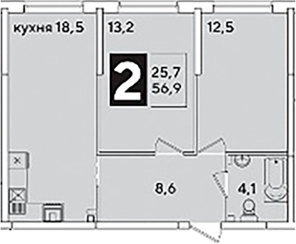 3-комн., 56.9 м², 1/16 этаж, ЖК «Самолет»