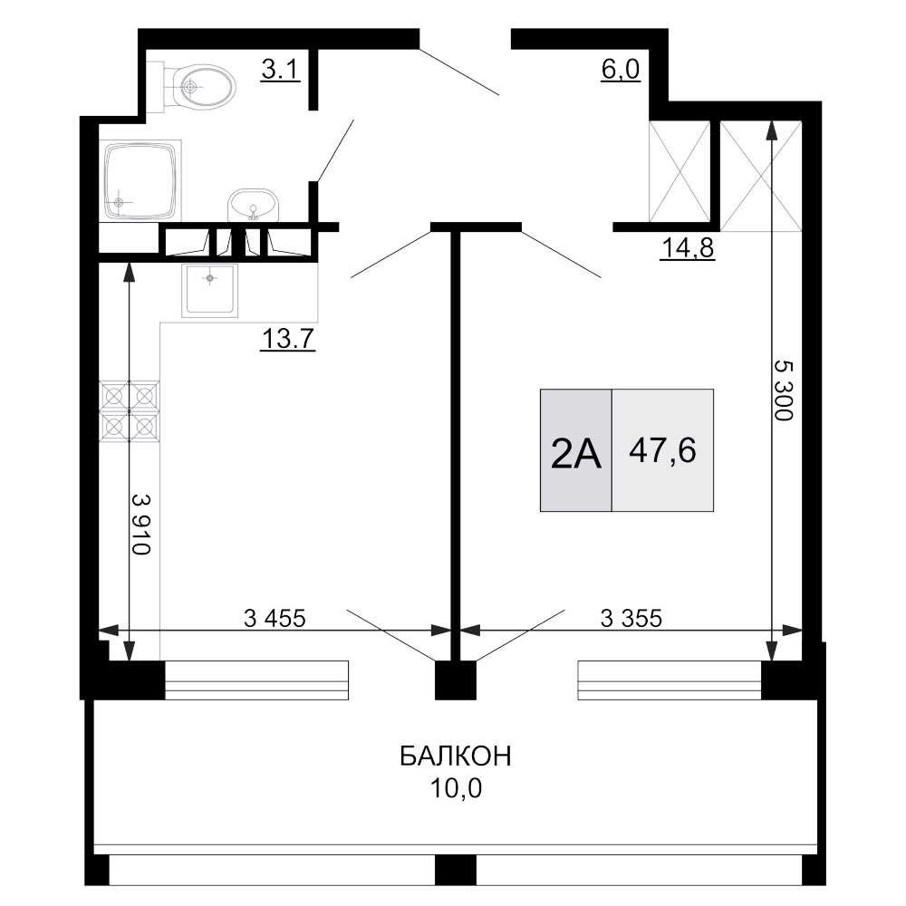 2-комн., 37.6 м², 3/9 этаж, ЖК «Гостиничный комплекс Мореград»