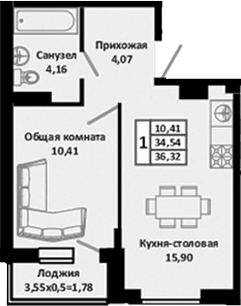 2-комн., 35.1 м², 4/4 этаж, ЖК «Южные Соседи»