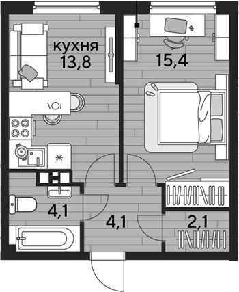 1-комн., 39.5 м², 8/16 этаж, ЖК «DОГМА ПАРК»